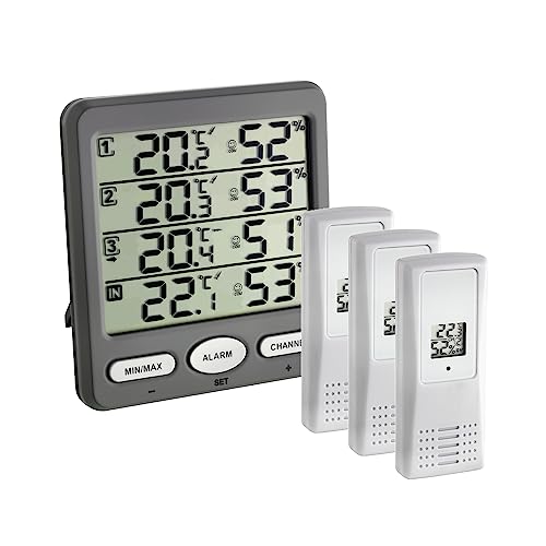 TFA Dostmann Klima-Monitor Funk-Thermo-Hygrometer mit 3 Sendern, 30.3054.10, ideal zur Klimaüberwachung, Alarmeinstellung, Max-Min. Funktion, grau, L 116 x B 24 (64) x H 126 mm