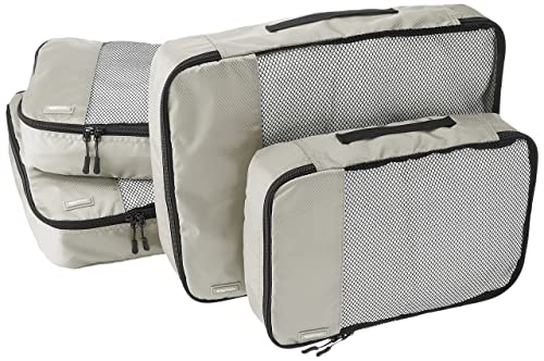 Amazon Basics Packwürfel Set für Koffer, Reise Organizer, Reißverschluss, 4 Teilig, 2 Mittelgroße, 2 Große, Grau